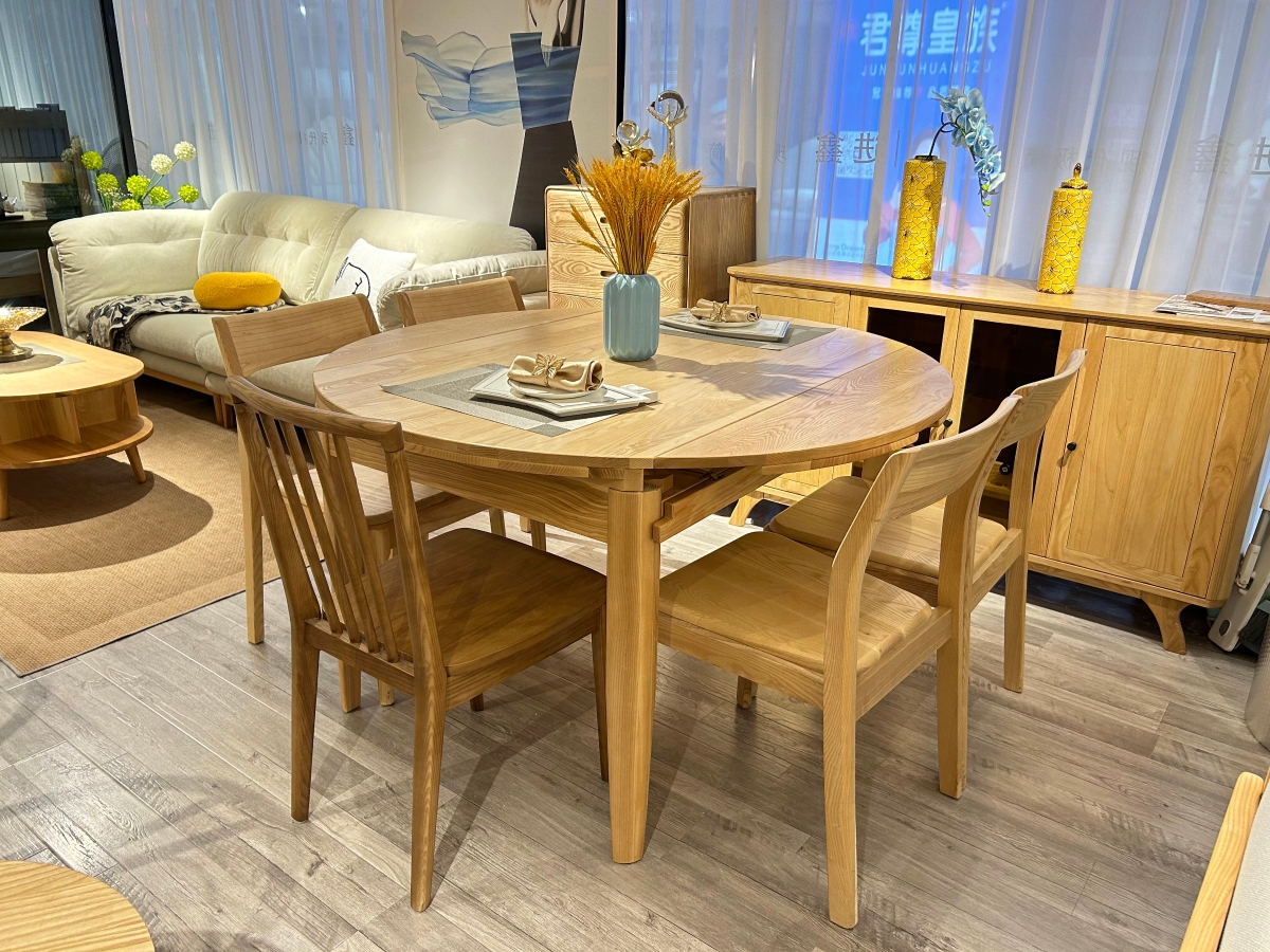 进鑫家具 北欧风格白蜡木全实木可伸缩圆形餐桌椅3200013