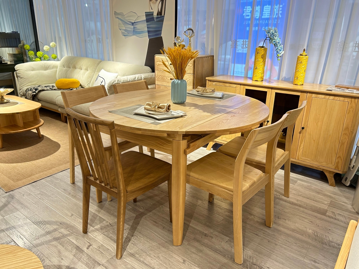 进鑫家具 北欧风格白蜡木全实木可伸缩圆形餐桌椅3200013