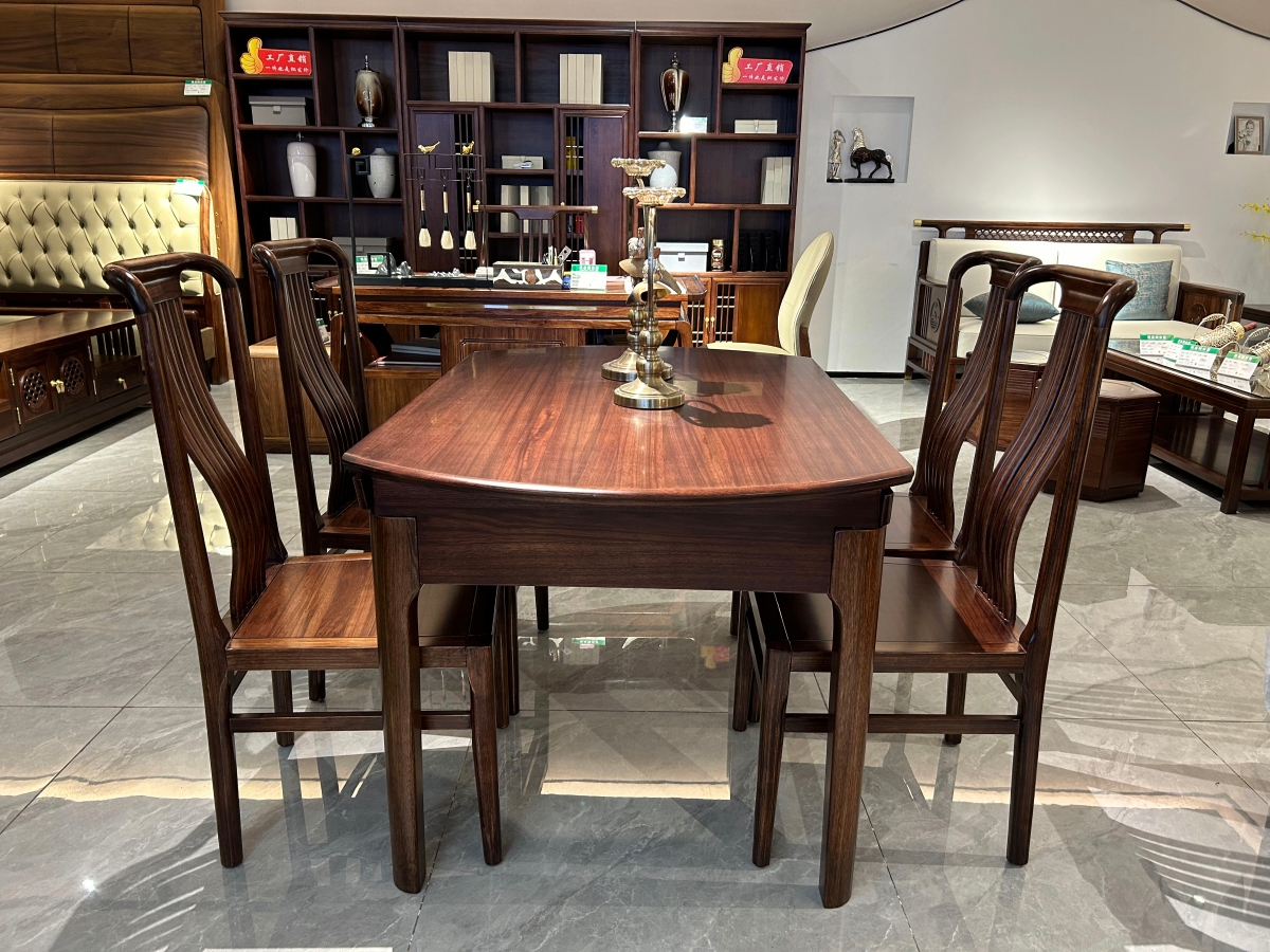 博豪瑞琅家具 新中式风格乌金木实木可变形餐桌椅3040010