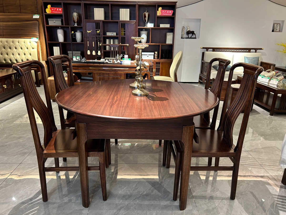 博豪瑞琅家具 新中式风格乌金木实木可变形餐桌椅3040010