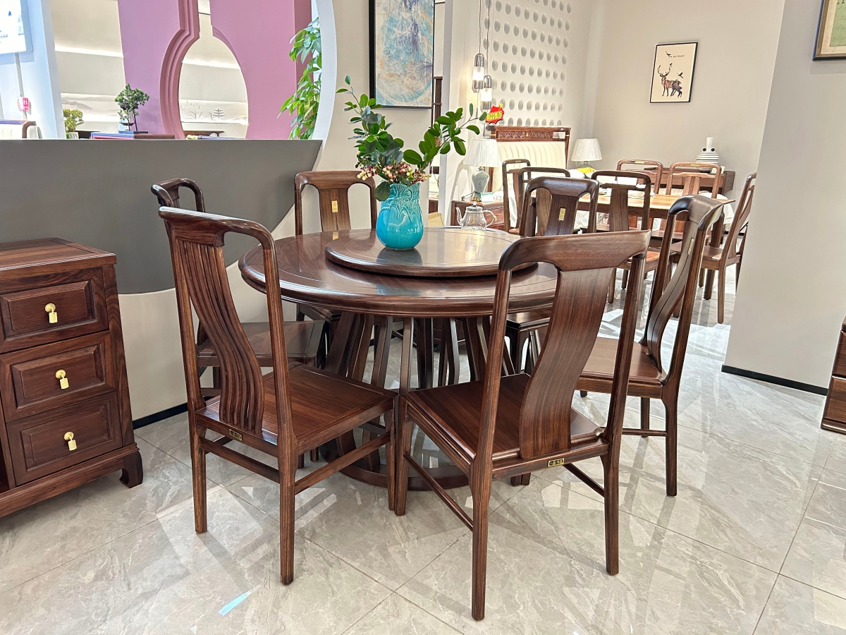 博豪瑞琅家具 新中式风格乌金木实木餐桌椅+转盘3040011