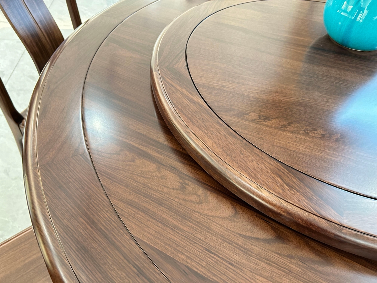 博豪瑞琅家具 新中式风格乌金木实木餐桌椅+转盘3040011